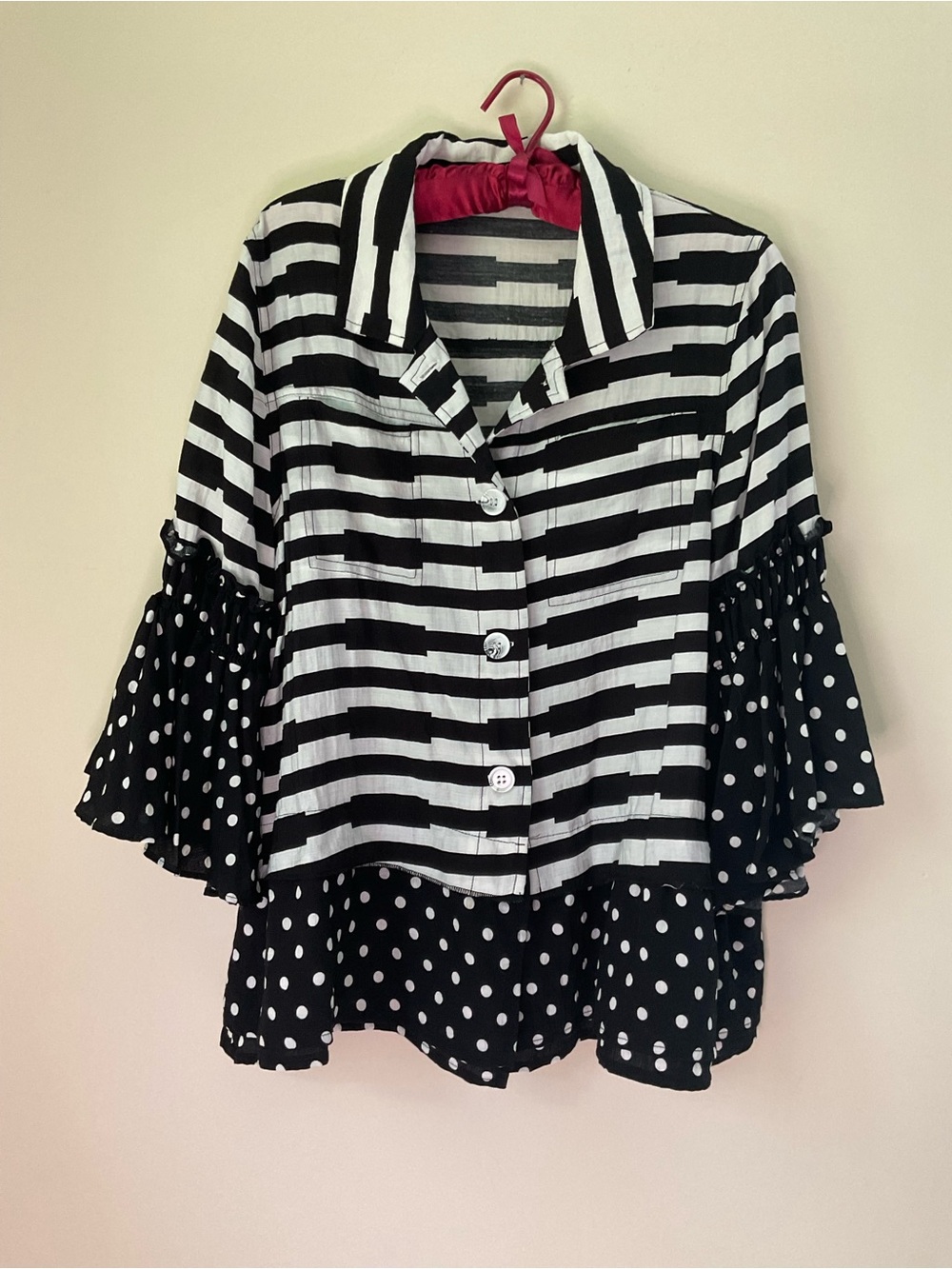 Women’s Black & White Striped and Polka Dot Button-Front Blouse